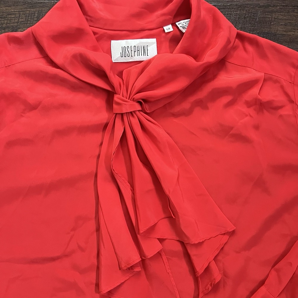 VTG Josephine 80s Bow Scarf Blouse Red 12 Office Core Retro Business Button Up